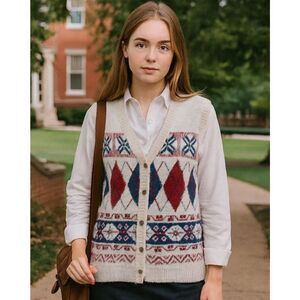 POL Argyle Sweater Vest Womens Sz S Ivory Red Navy Button Up Preppy Ivy League